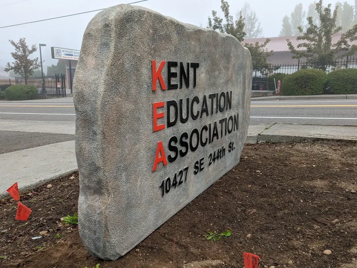 Kent Education Association sign on stone monument by roadside created by Valley Sign