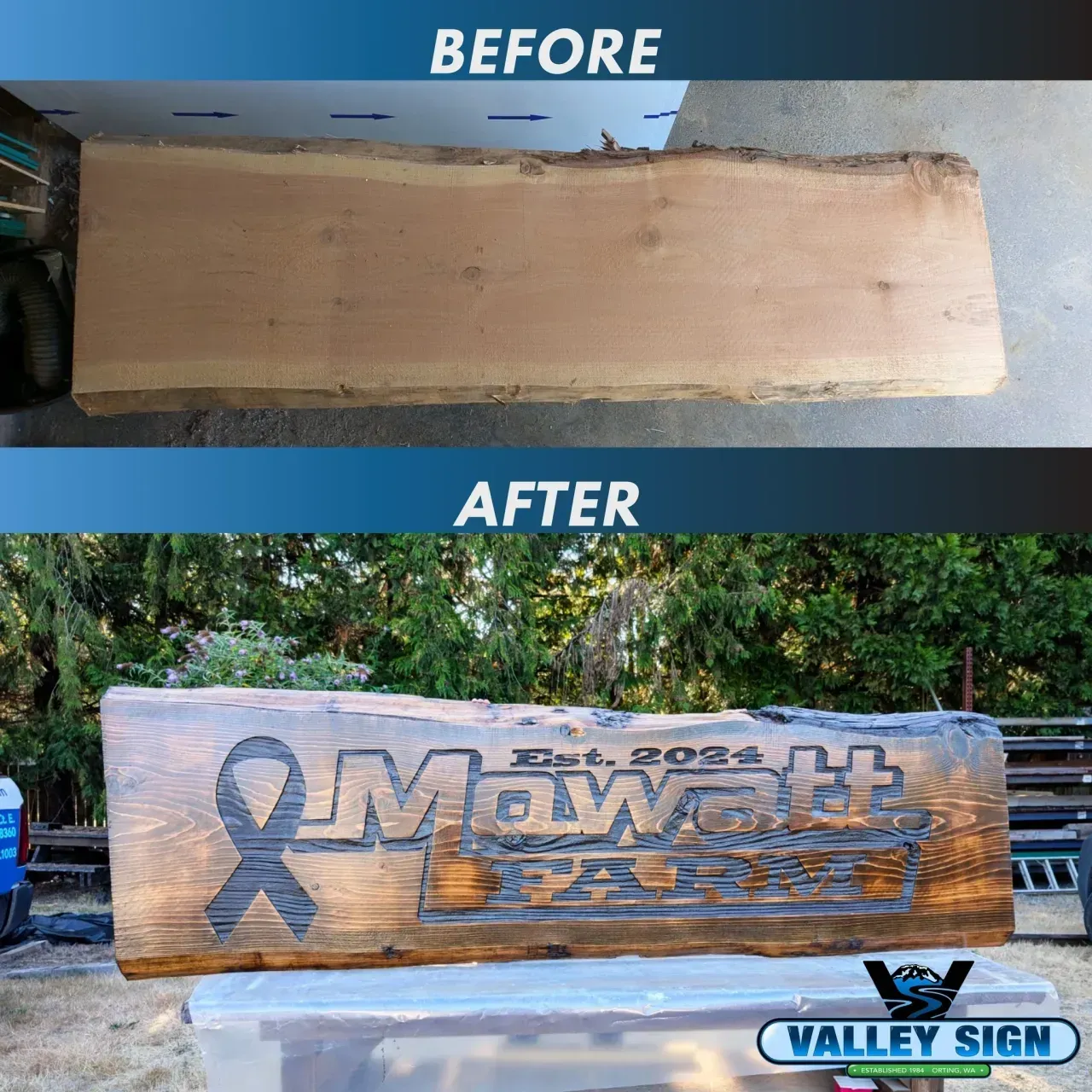 Before-and-after of a sign restoration: faded wooden sign repainted with blue ribbon and “Mowarth” text.