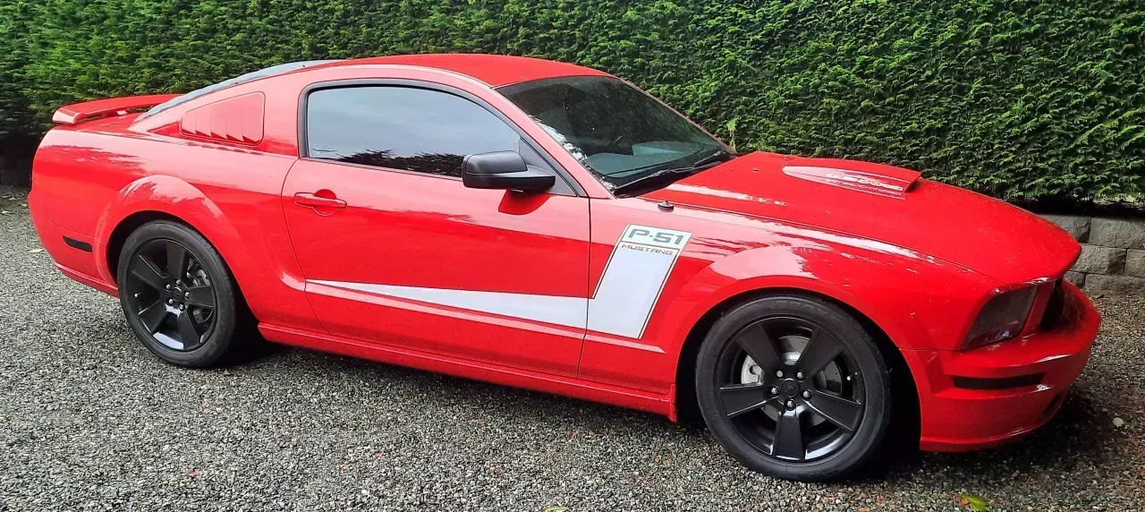 Red sports coupe with black wheels and white side panel parked on grass