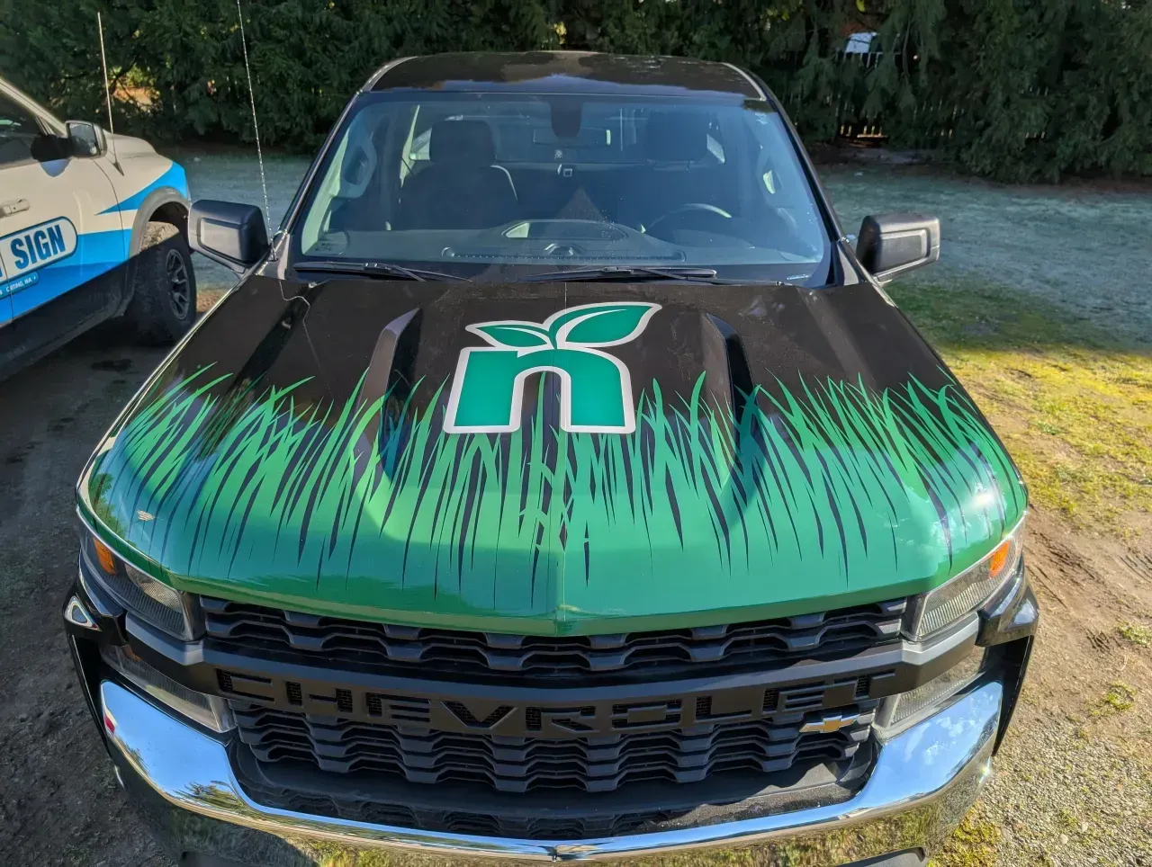 Front view of a black and green custom Chevrolet truck with flame graphics and chrome grille