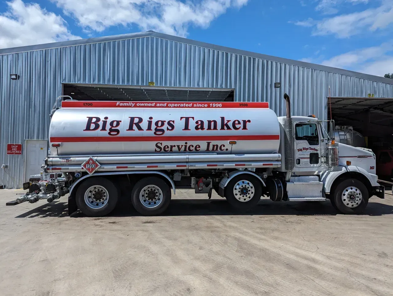 Silver tanker truck labeled “Big Rigs Tanker Service Inc.” parked beside a warehouse.