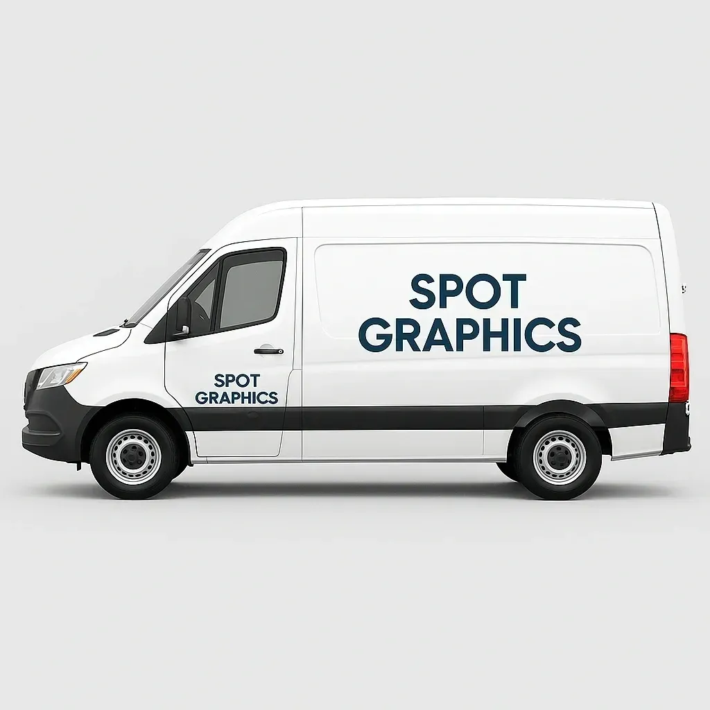 White Spot Graphics delivery van in side view with company logo on the side.