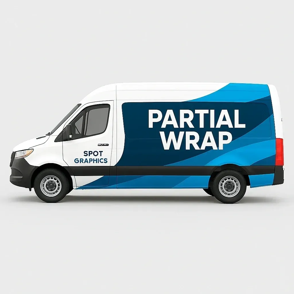 White delivery van with blue partial wrap branding on a plain background