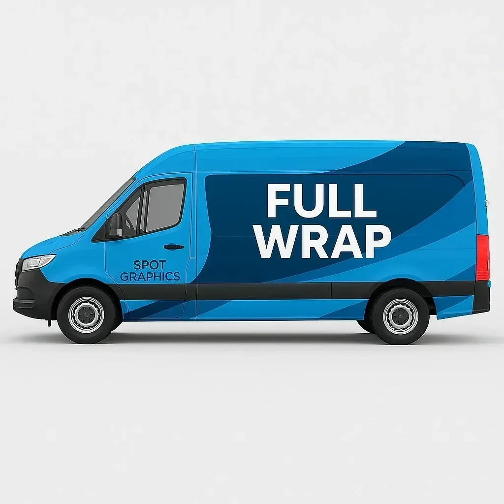 Blue cargo van with “FULL WRAP” advertising graphics on a white background