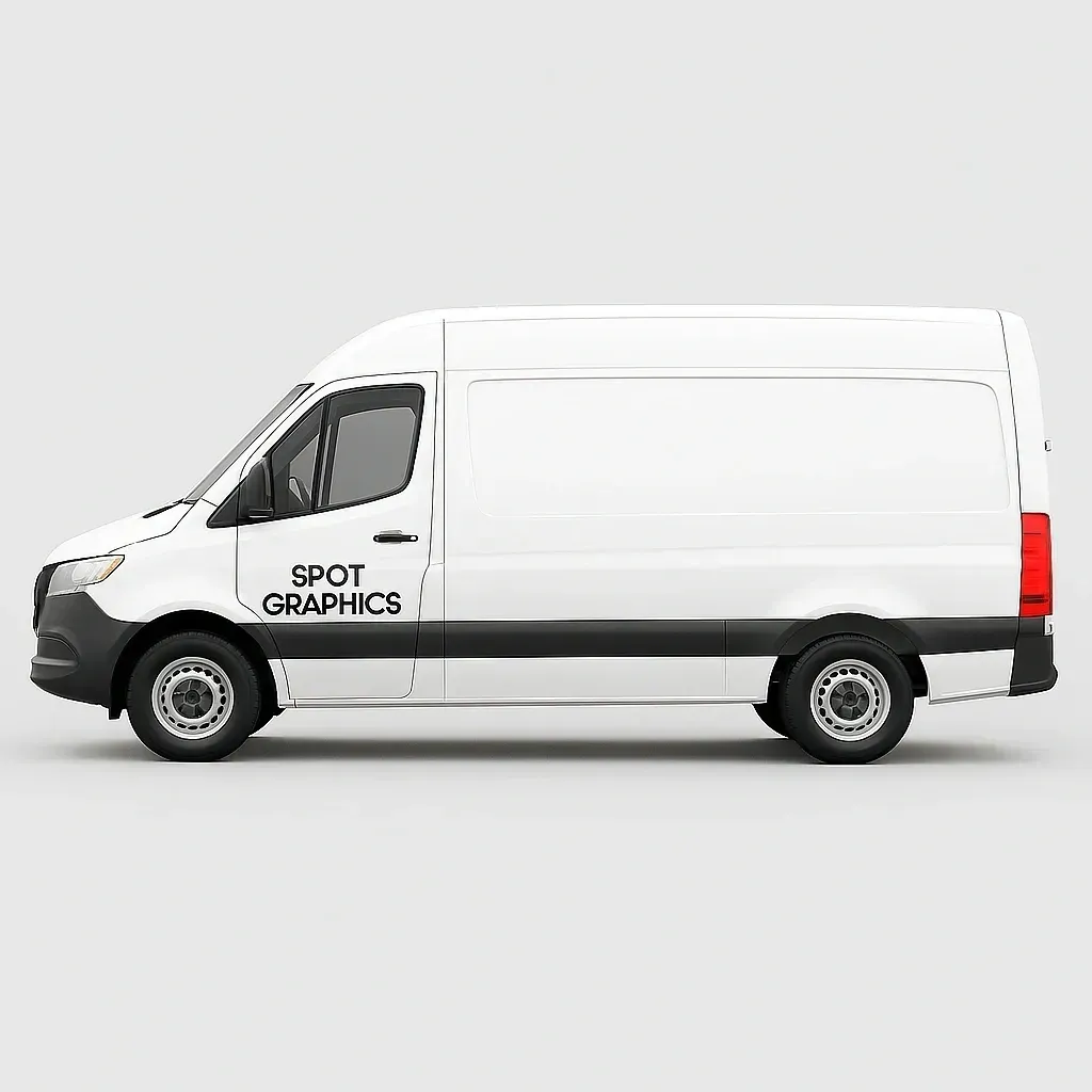 White delivery van with black trim and “SPOT GRAPHICS” logo on the side, shown in profile on a light background
