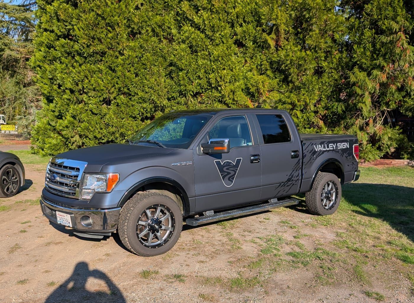 Gray pickup truck parked on a dirt lot in front of tall green trees