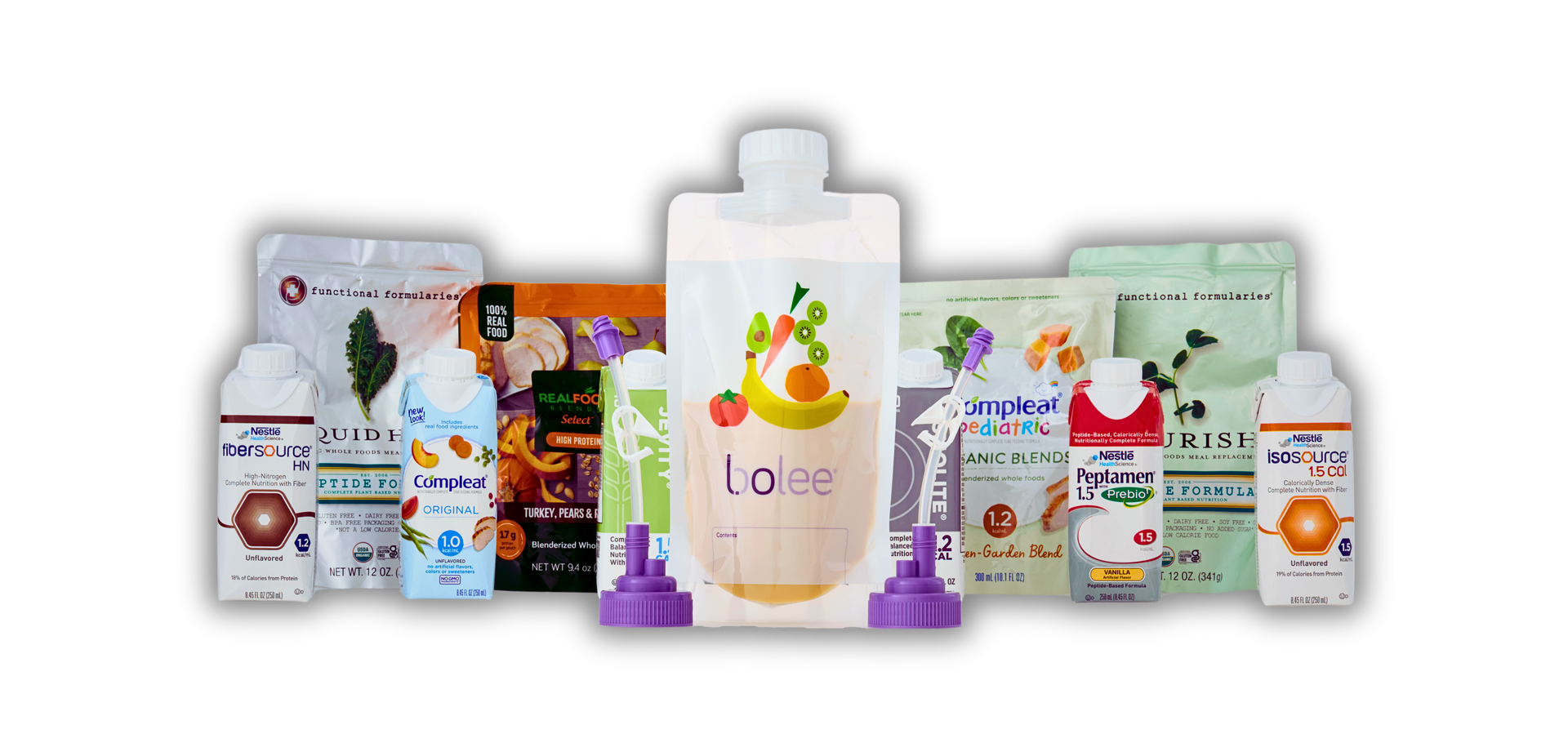 A group of bottles and bags are lined up on a white background.