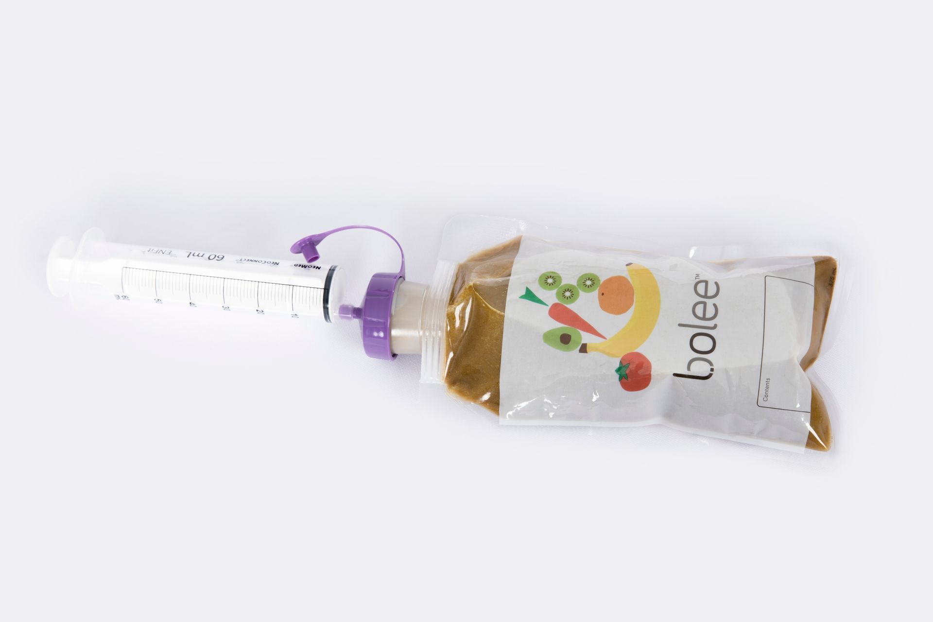 60ml syringe attached to an ENFit transfer lid and Bolee Bag
