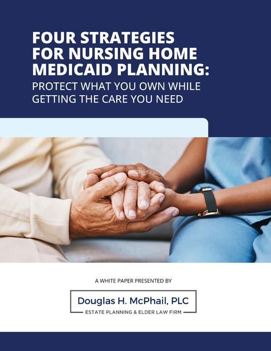 Four strategies for nursing home Medicaid planning with hands joined on a blue background