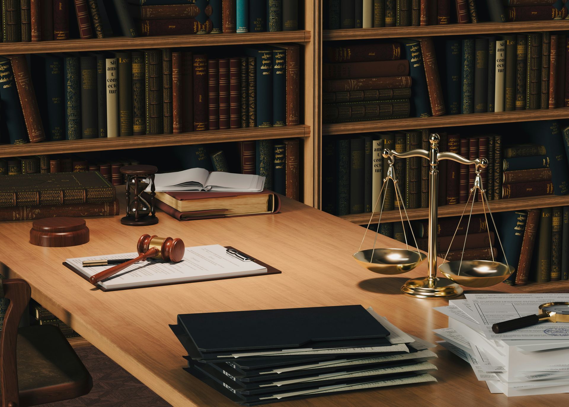 Wooden desk with books, papers, and glasses in a book-lined office or study