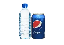 A bottle of water next to a can of pepsi