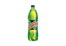 A bottle of mountain dew is on a white background.