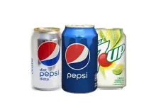 Three cans of pepsi , diet pepsi , and 7 up on a white background.
