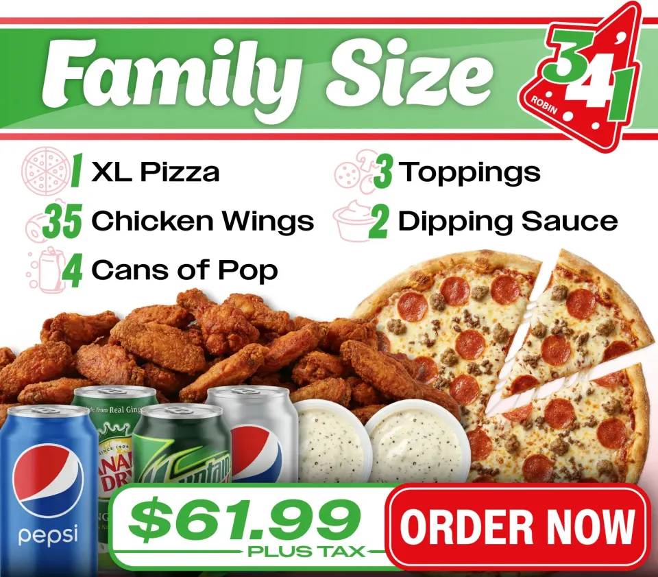 Pizza and wings family meal deal ad with Pepsi cans, price $61.99, and “Order Now” button.