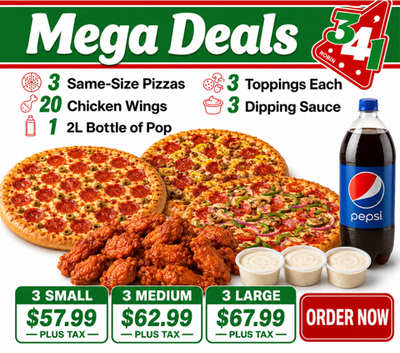 A pizza advertisement that says mega deals on it