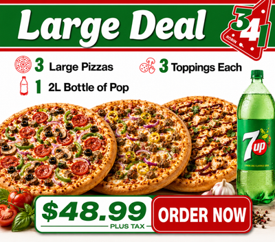 A large pizza deal for $ 49.99 with a pepsi bottle