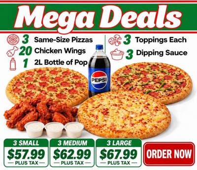 A pizza advertisement that says mega deals on it
