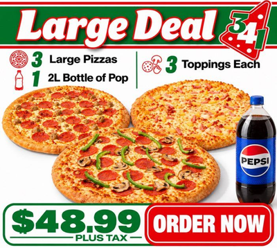 A large pizza deal for $ 49.99 with a pepsi bottle