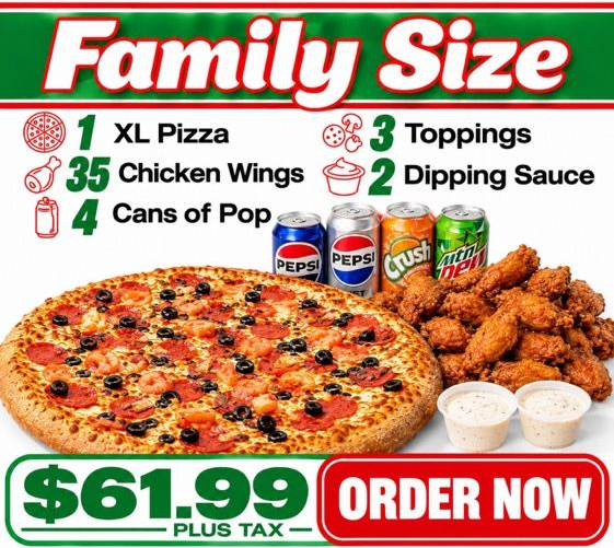 Pizza and wings family meal deal ad with Pepsi cans, price $61.99, and “Order Now” button.