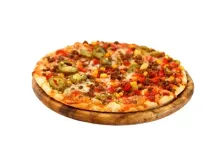 A pizza is sitting on a wooden cutting board on a white background.