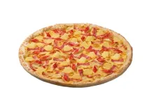 A pizza with pineapple , ham and tomatoes on a white background.