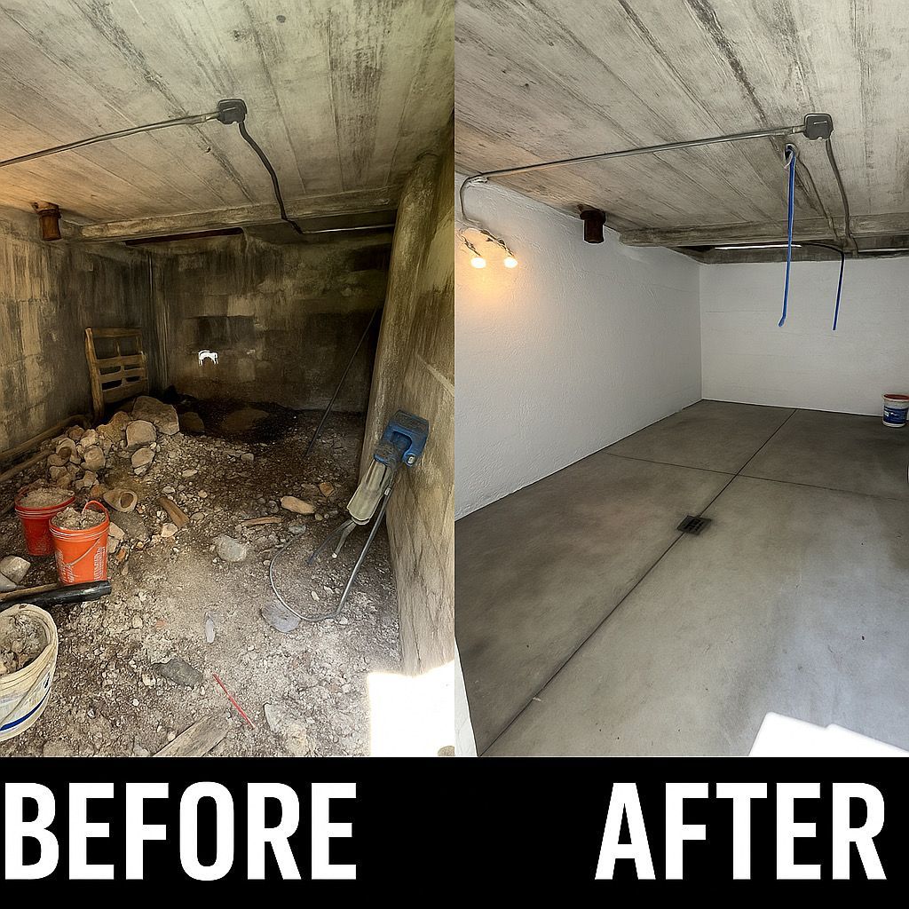 Before and after comparison of a dark, debris-filled basement being renovated into a clean, white-walled room with lighting.