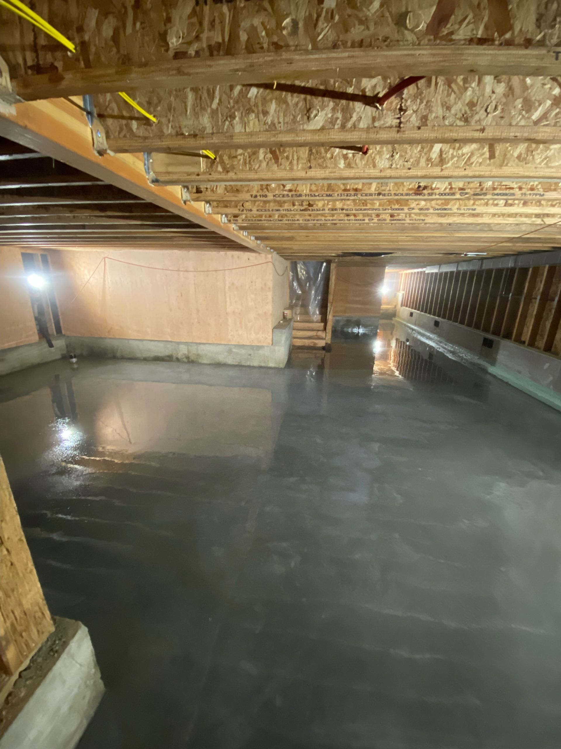 A dimly lit basement with a freshly poured, wet concrete floor beneath exposed wooden floor joists and stud walls.