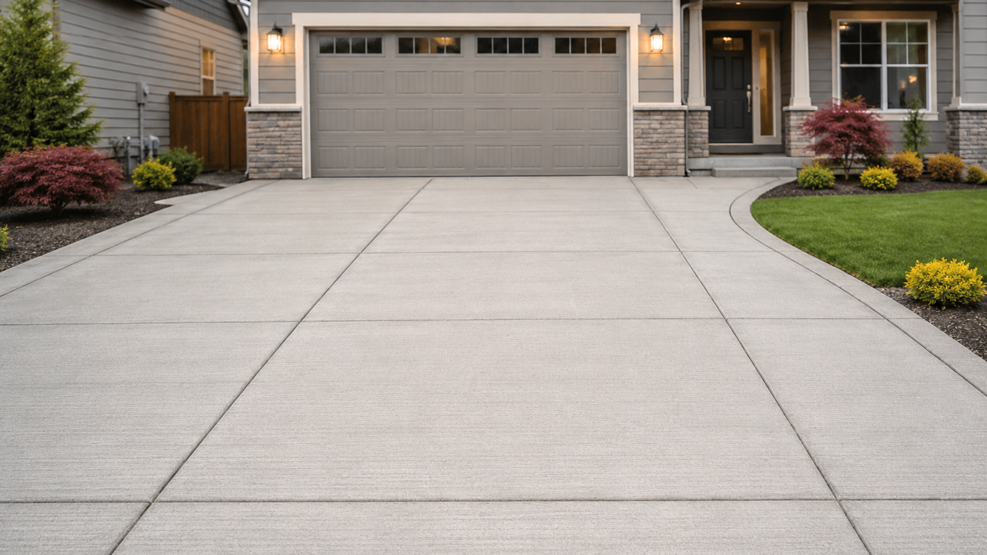 Residential broom finish concrete driveway in front of modern Clark County home
