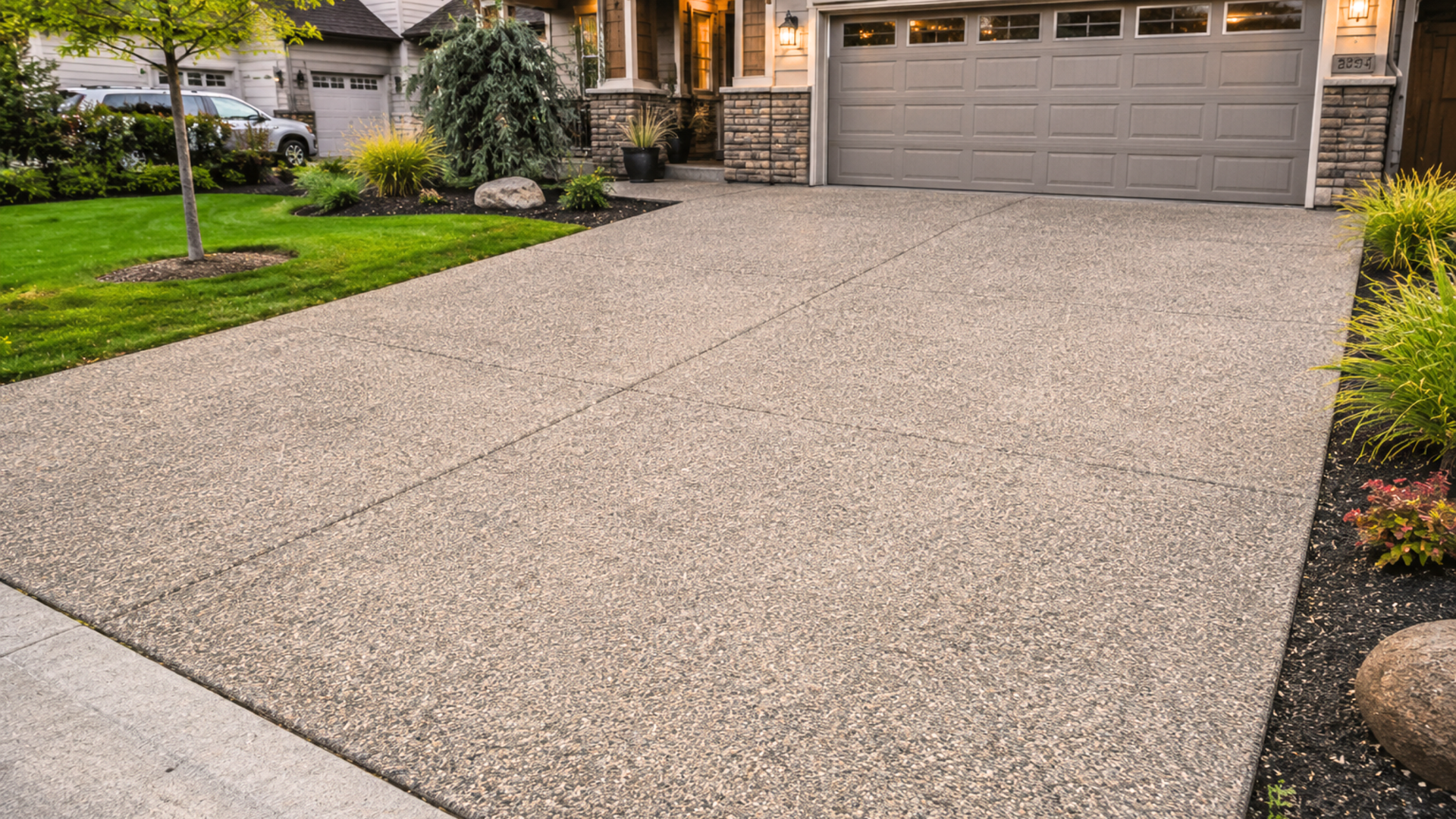Exposed aggregate concrete driveway with textured finish at residential Clark County property