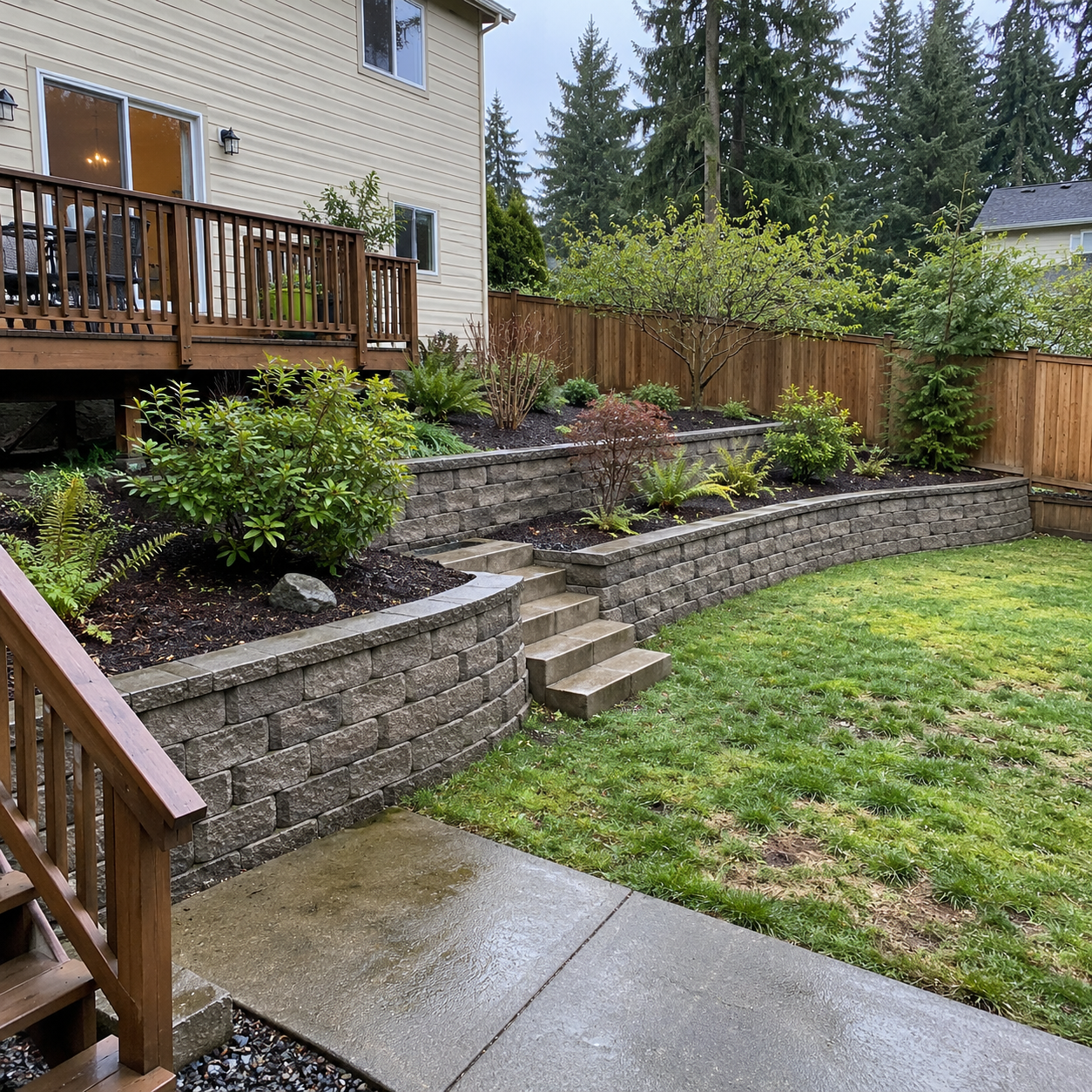 Finished retaining wall terracing a sloped backyard in Vancouver, Washington