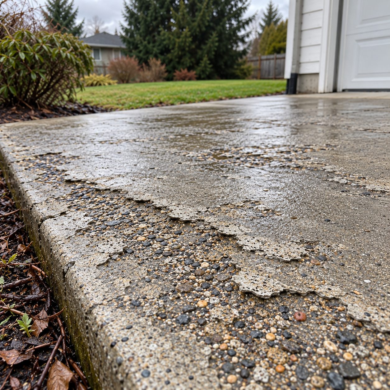Flaking and surface scaling on concrete from freeze-thaw damage in Washington