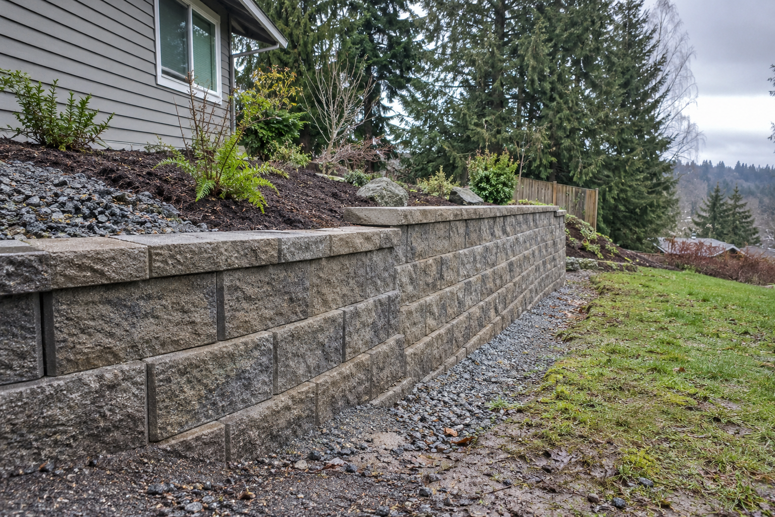 Segmental block retaining wall on a sloped residential lot in Clark County, Washington