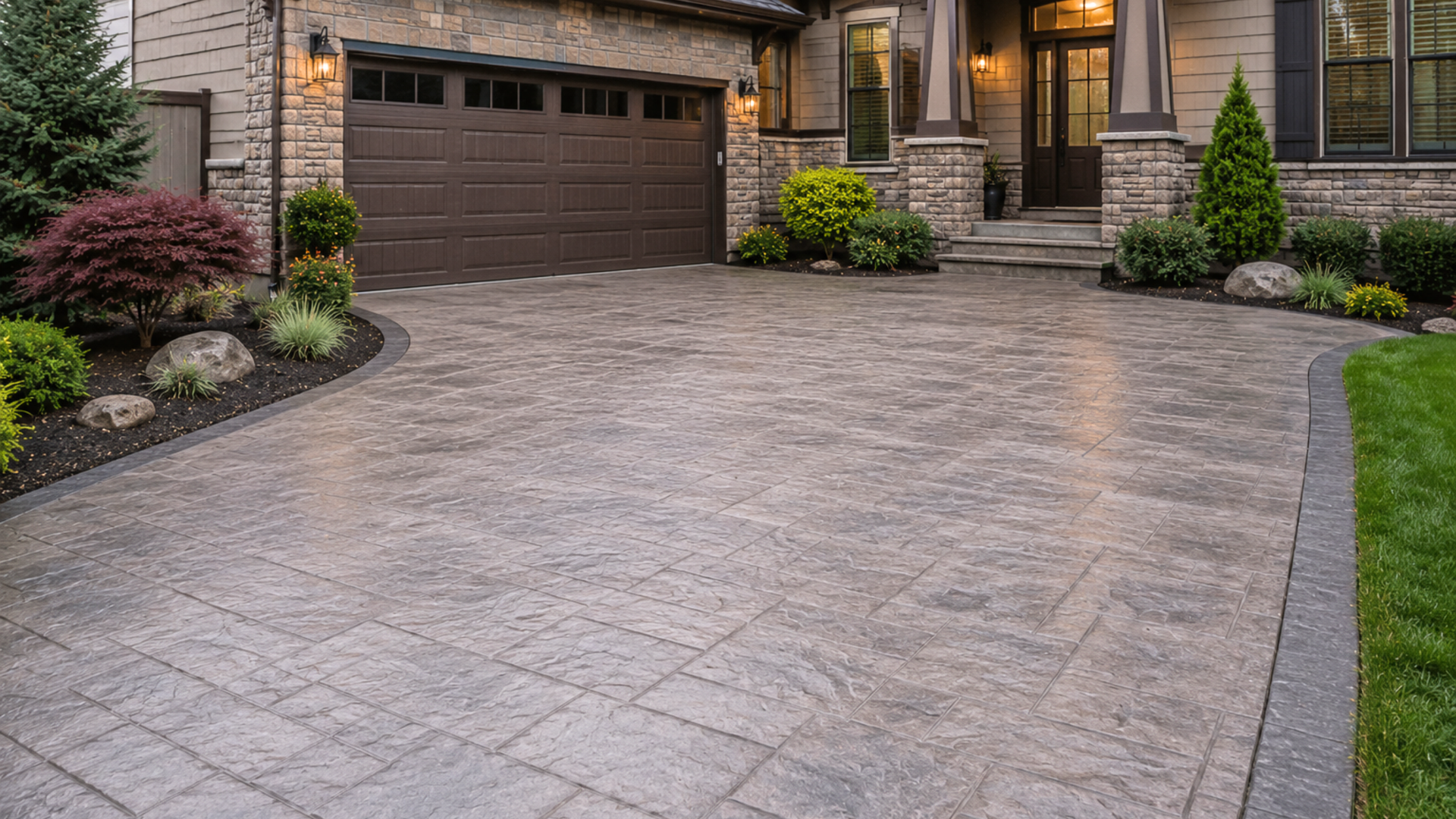 Stamped concrete driveway with decorative stone pattern in front of upscale Clark County home