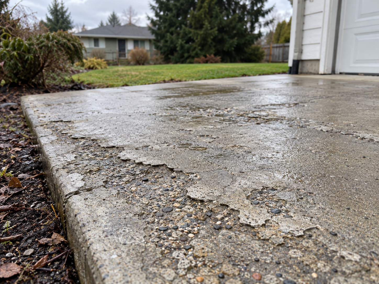 Close-up of a cracked concrete surface on a residential property in Vancouver, Washington