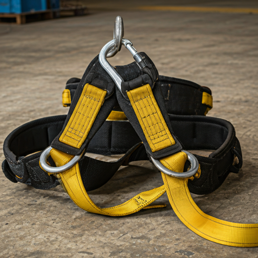 Yellow and black safety harness with metal carabiners on a concrete floor