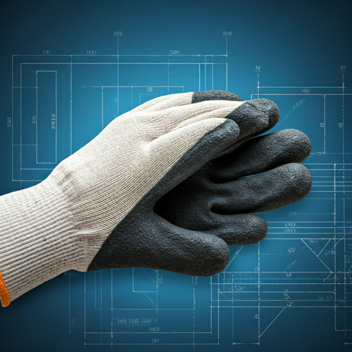 Two gloved hands clasped, one white and one black, against a blue technical blueprint background