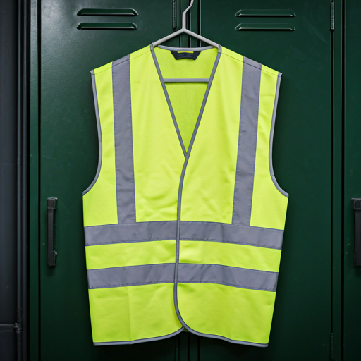 Neon yellow reflective safety vest hanging on a dark green locker door.