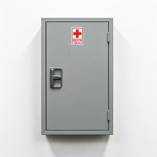 Gray wall-mounted metal first aid cabinet with red cross sign and lockable door