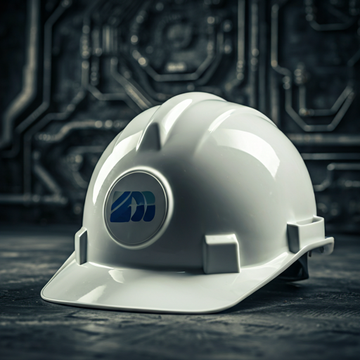White hard hat with blue logo on a dark industrial background