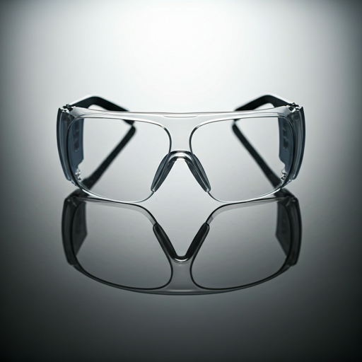 Clear safety glasses with dark frames, shown front-facing on a reflective surface.