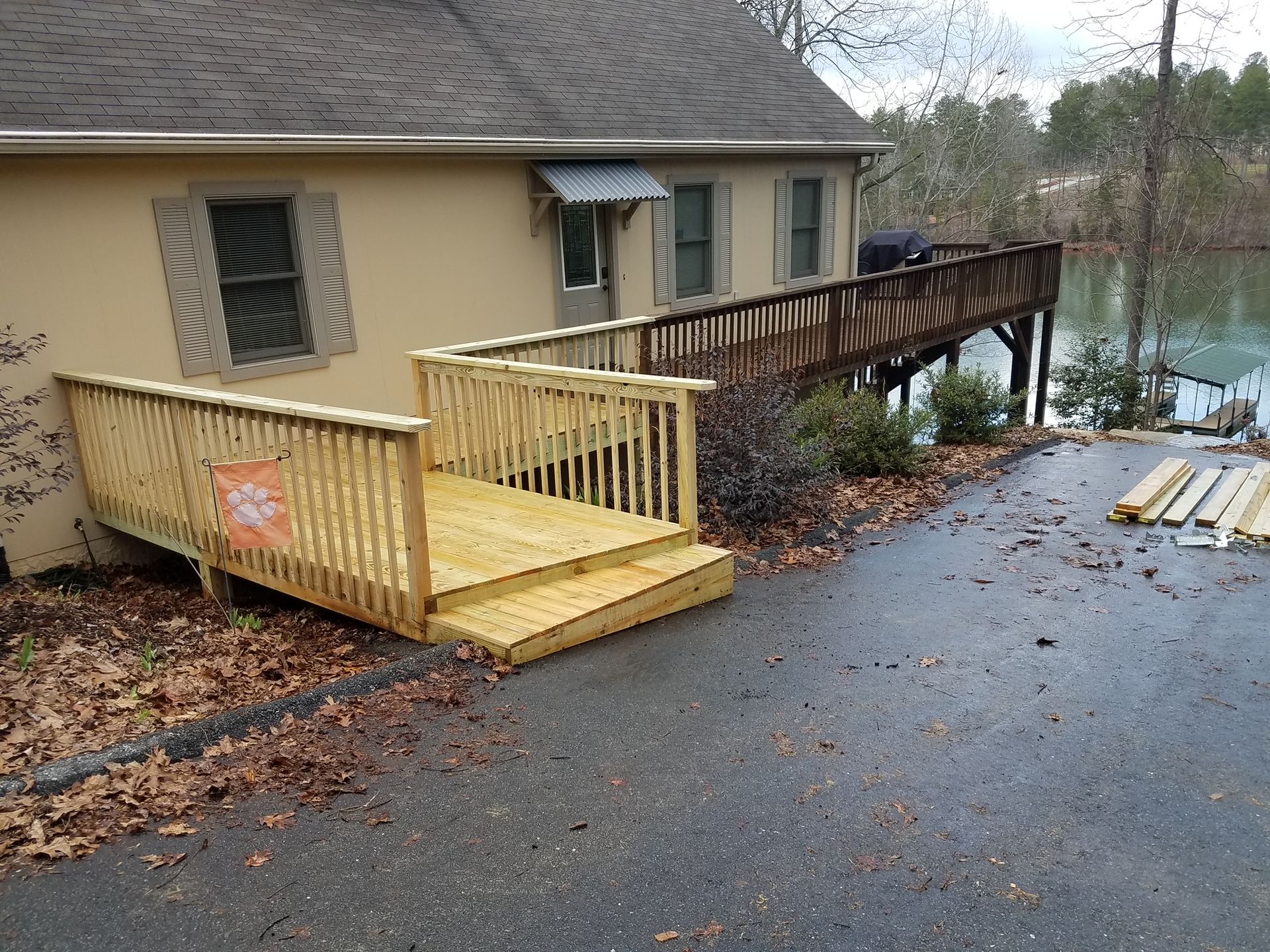 A house with a wooden ramp leading to it