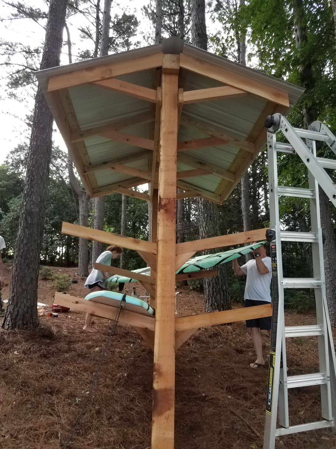 A man is standing on a ladder next to a wooden structure.