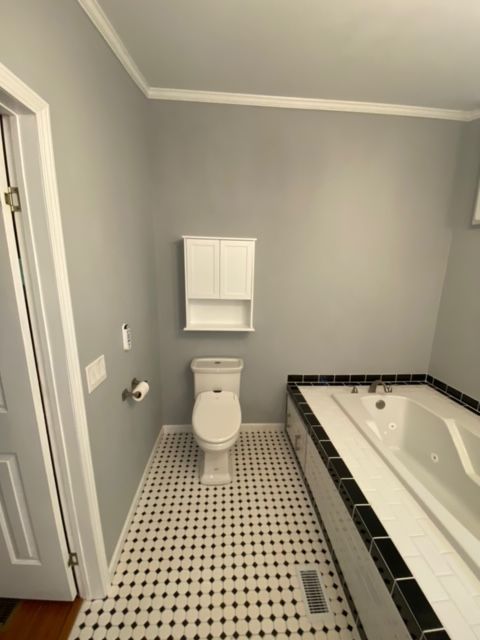 A bathroom with a toilet and a bathtub