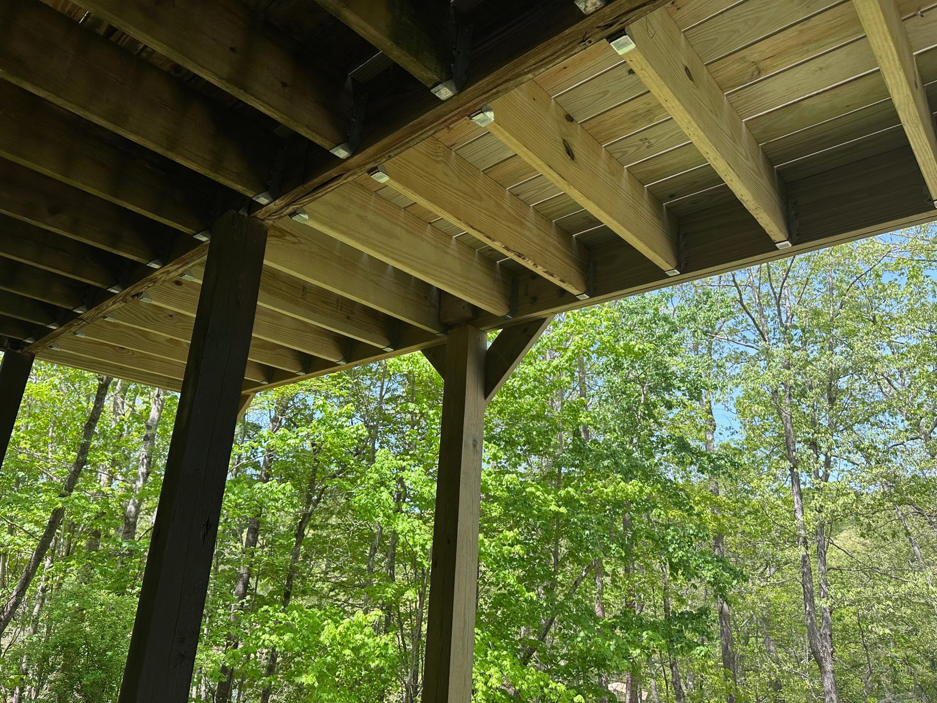 A wooden deck with trees in the background on a sunny day