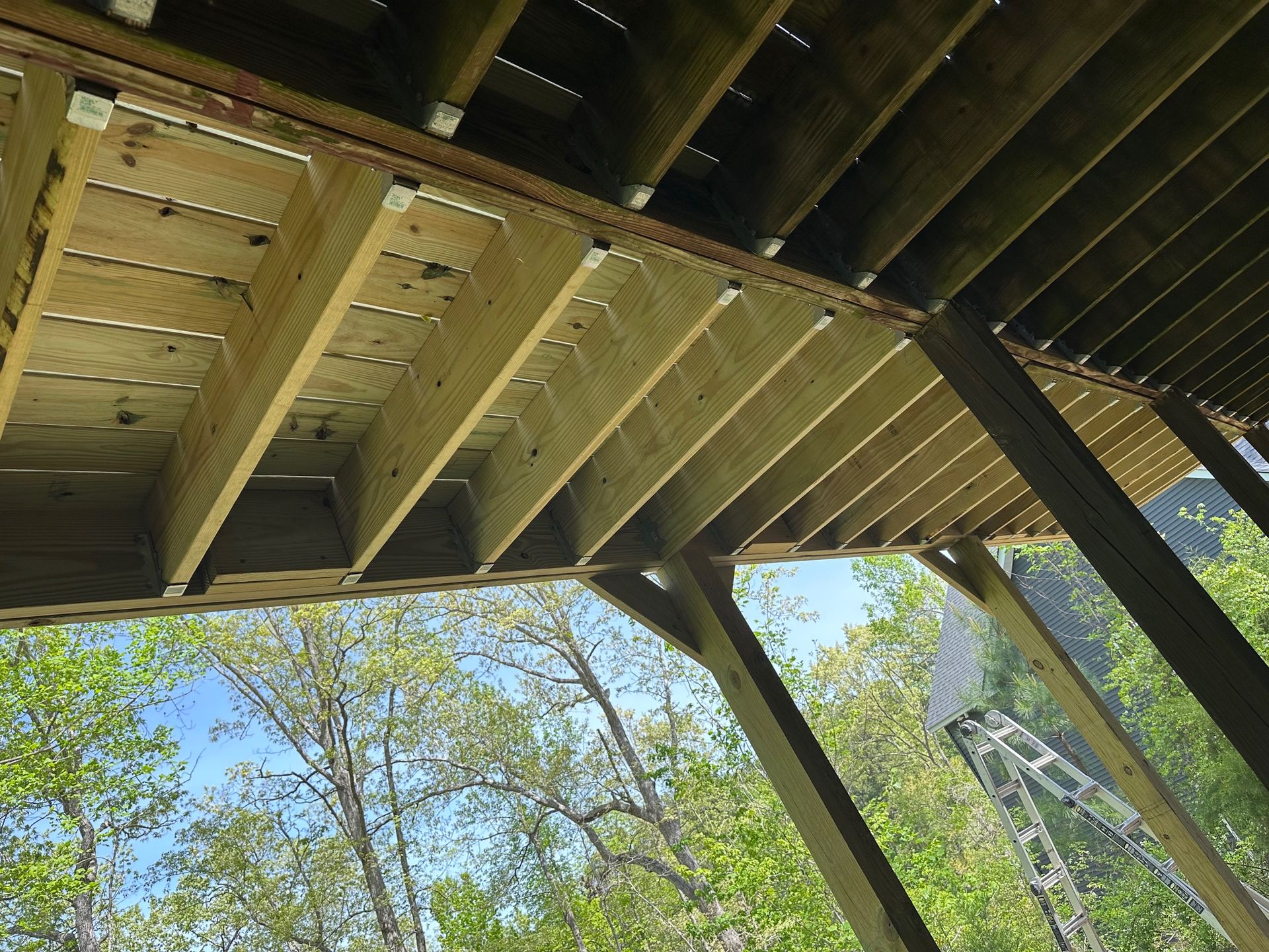 Looking up at the ceiling of a wooden deck with trees in the background.