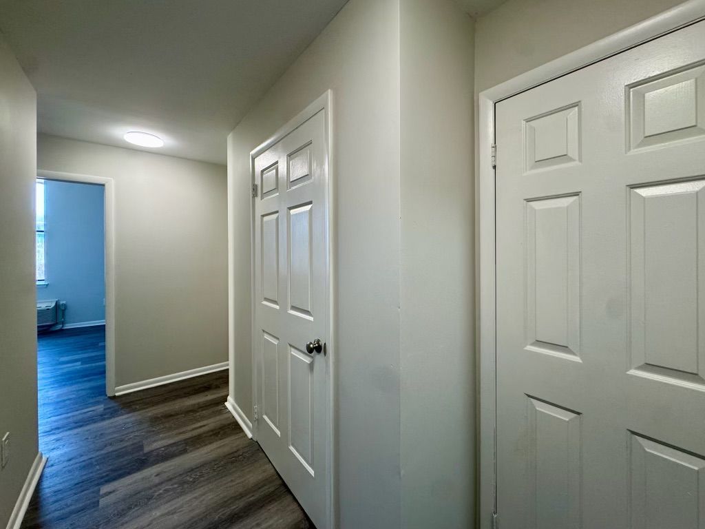 Bright hallway with white doors, beige walls, and wood flooring leading to a blue-lit room.