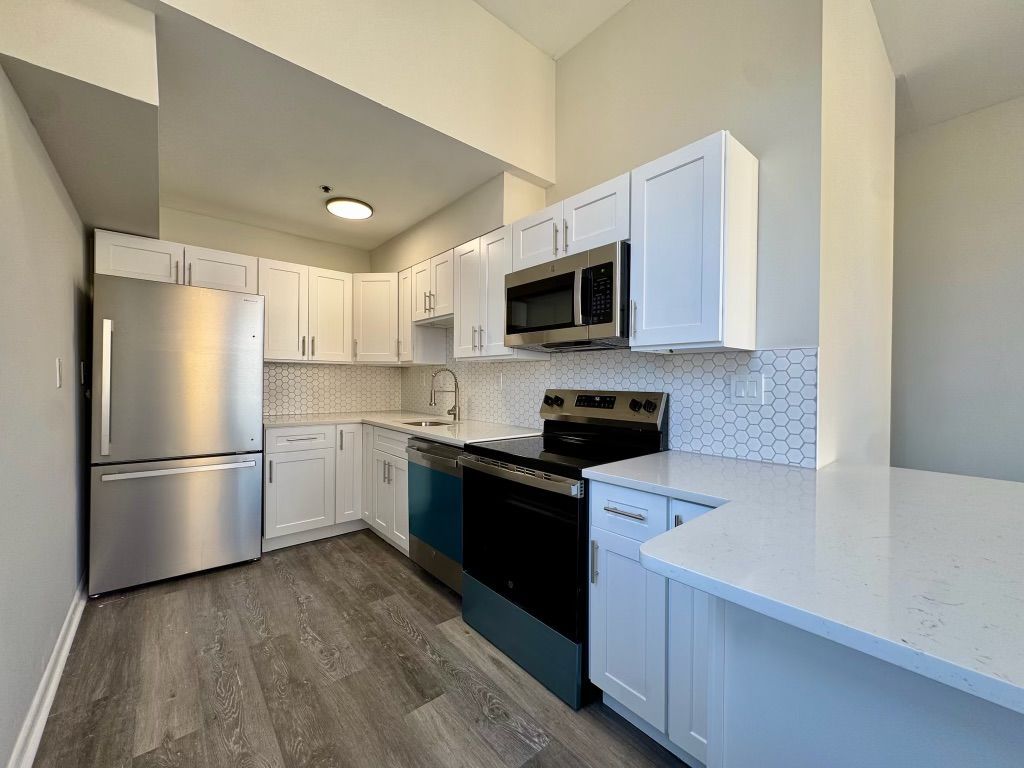 Modern white kitchen with stainless steel appliances, gray wood floor, and speckled countertops
