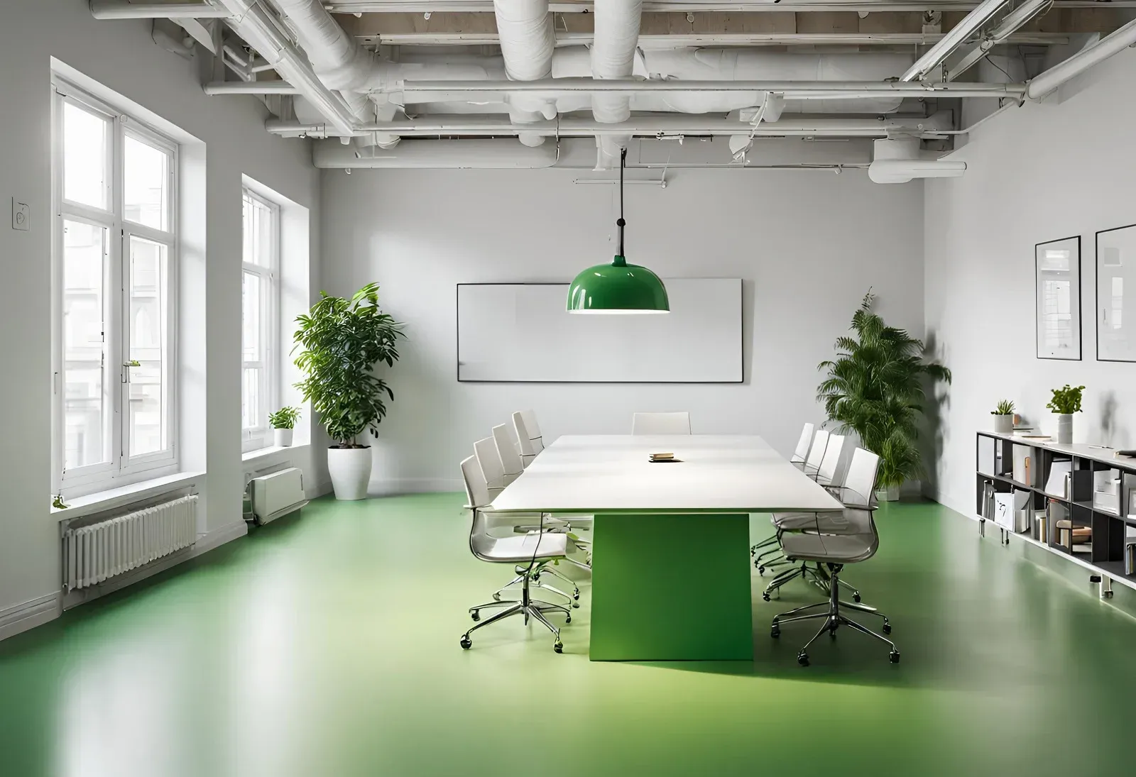 Modern meeting room with a green floor, white walls, and large windows. A white table with green base is in the center.