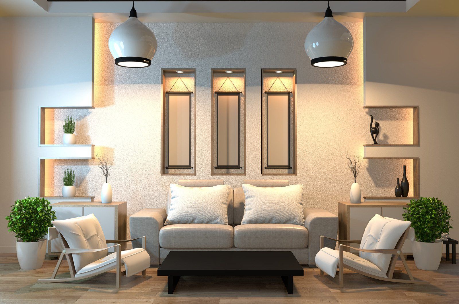Modern living room with gray sofa, white chairs, black table, and decorative wall niches.