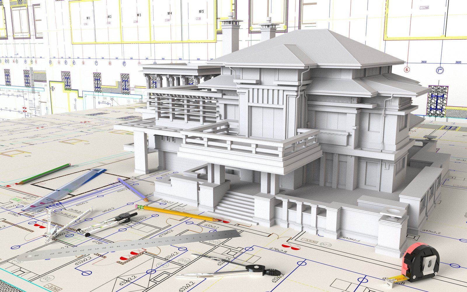 3D model of a white building on blueprints, with tools like a ruler and tape measure, suggesting architectural design.
